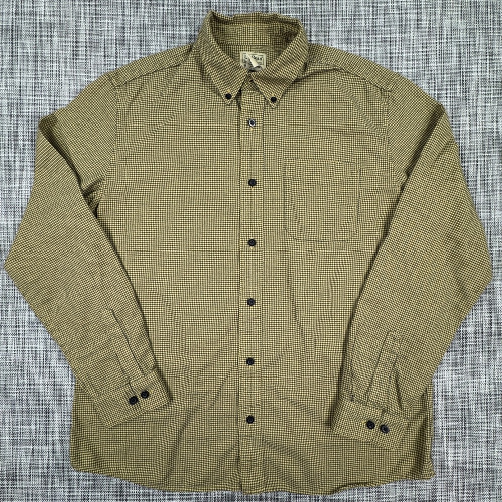 LL Bean Mens Large Wicked Good Flannel Shirt Olive Houndstooth Slightly Fitted